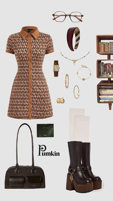 #Outfit #Outfitinspo #Orange #Brown #70s #Gold #dress #pumpkin Brown Outfit Fancy, 70s Work Outfit, Orange Brown Outfit, 1970s Outfit Ideas, Brown And Orange Outfit, Orange And Brown Outfit, Black And Orange Outfit, Brown Dresses Outfit, Gogo Outfits