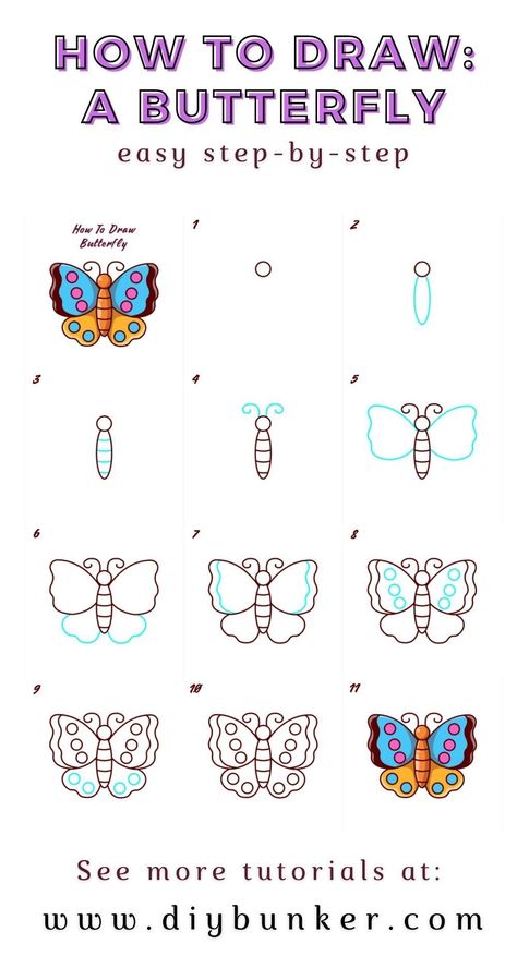 Butterfly drawing is super easy with this step-by-step tutorial! Whether you are a beginner adult or kid, you will learn how to draw a butterfly in no time! #drawing #drawingtutorial #draw #howtodraw #howto #diybunker Drawing Butterflies Easy, How To Draw A Butterfly, Simple Butterfly Drawing, How To Draw Butterfly, Drawing Butterflies, Draw Butterfly, Draw A Butterfly, Butterfly Step By Step, Easy Butterfly Drawing