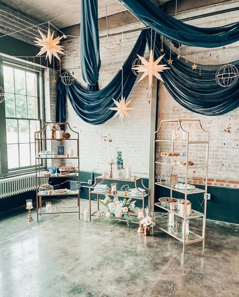 Celestial Theme Birthday Party, Starfall Wedding Theme, Celestial Wedding Reception, Crystal Baby Shower Theme, Acotar Baby Shower Ideas, Astrology Wedding Theme, Celestial Tablescape, Celestial Bridal Shower Theme, Midsummer Ball