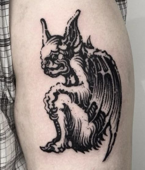 American Traditional Gargoyle Tattoo, Danse Macabre Tattoo, Lithograph Tattoo, Two Headed Tattoo, Alt Tattooed, Gargoyles Tattoo, Bat Skull Tattoo, Woodcut Tattoo Design, Evil Cat Tattoo