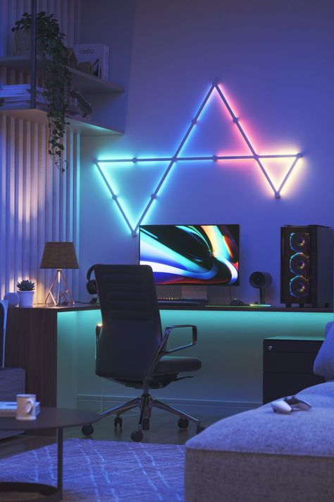 Nanoleaf Lines smart backlit LED light bars in a living room above the monitor on a desk Led Setup Room, Rgb Lighting Ideas Gaming, White Rgb Gaming Setup, Gaming Room Led Lights, Monitor Light Bar, Rgb Lighting Ideas Bedroom, Led Lights Bedroom Aesthetic Boys, Gaming Led Lights, Rgb Lighting Ideas