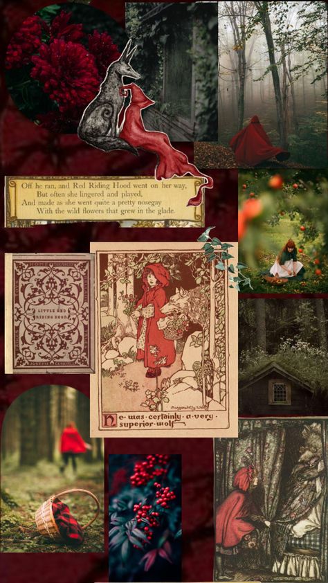 Red Riding Hood Collage #redridinghood #littlered #redaesthetic #fairytales #collage #wallpaper Red Riding Hood Aesthetic, Hood Aesthetic, Red Riding Hood Art, Hood Wallpapers, Fairytale Aesthetic, Wicked Musical, Dark Stories, Fairytale Stories, Collage Wallpaper