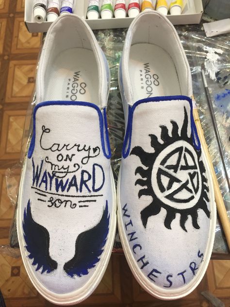 Supernatural Shoes, Sharpie Shoes, Vans Shoe, Shoe Designs, Wayward Son, Outfit Style, Custom Shoes, Vans Classic Slip On Sneaker, Vans Shoes