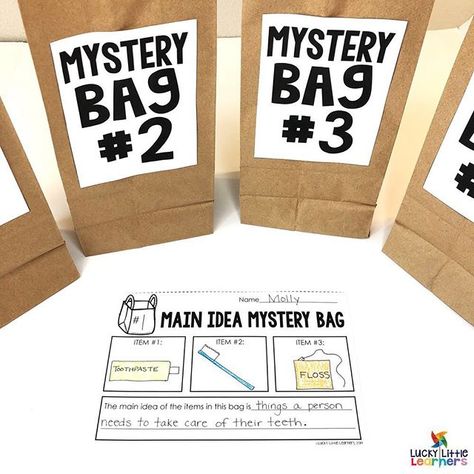 Do you use mystery bags to teach your students about main idea and supporting details?  If not, you should be!  They are such a fun way to teach this skill and kids love the mystery part!  Instant engagement! Mystery Bag Ideas, Main Idea Games, Nonfiction Main Idea, Main Idea Lessons, Main Idea Activities, Kindergarten Vocabulary, Teaching Main Idea, Reading Wonders, Mystery Bags