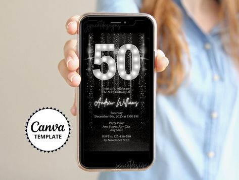 50th Birthday Silver Digital Invitation, Black Silver White Phone Invite, Editable Canva Template, Adult Birthday Evite Black And Gold Invitations, Elegant Birthday Invitations, Birthday Dinner Invitation, 44th Birthday, Birthday Evite, 42nd Birthday, 41st Birthday, Birthday Text, Opening An Etsy Shop