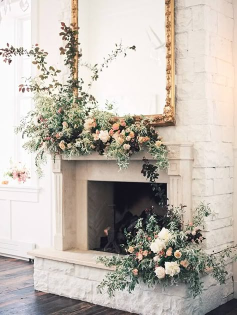 Fireplace flowers   #fireplace #mantel #flowers #receptiondecor Wedding Mantle, Wedding Fireplace, Flowers And Greenery, White Brick, The Fireplace, Deco Floral, 50th Wedding, Fireplace Mantel, Mantle Decor