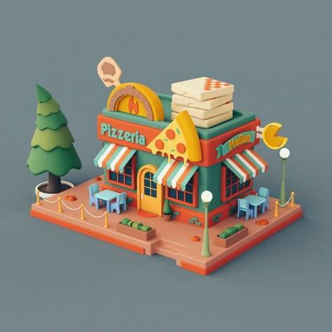 3d Shop Design, High Poly Modeling, Lowpoly 3d, Pizza Shop, 3d World, 귀여운 음식 그림, 3d Modeling Tutorial, Low Poly Games, Cartoon House