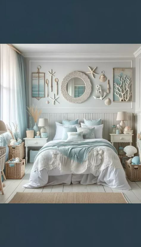 Seaside Room Decor, Sea Shell Bedroom Ideas, Beachy Curtains, Sea Themed Bedroom, Beach Themed Room Decor, Airy Curtains, Nautical Bedroom Ideas, Beach Theme Bedroom, Beach Inspired Bedroom