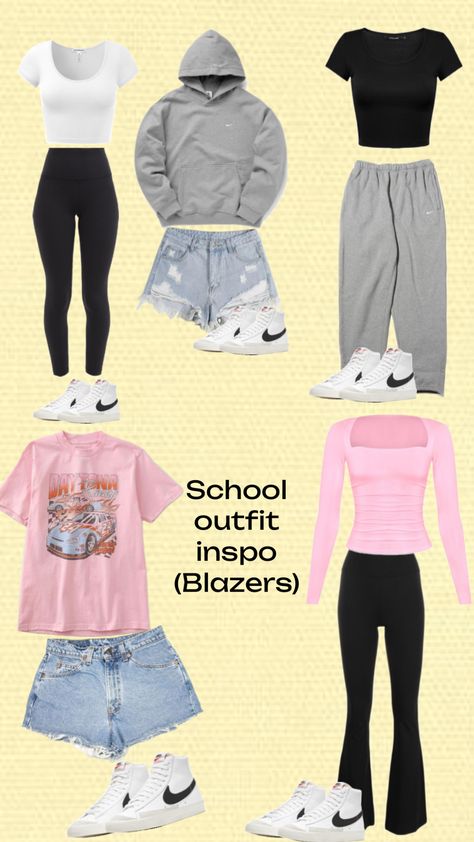 School outfit inspo(Blazers edition) #blazers #nike Nike Blazers 77 Outfit, Outfit Ideas With Nike Blazers, Blazer 77 Outfit, Nike Blazers Outfit Ideas, Nike Blazers 77, Outfits With Nike Blazers, Style Nike Blazer, Nike Blazer Outfit, 8th Grade Outfits