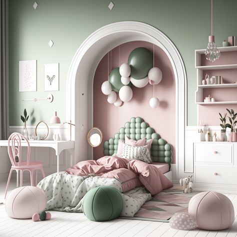 Sage pink and white girl bedroom interior Girls Pink And Green Bedroom Ideas, Pink Sage Bedroom, Sage And Pink Room, Sage Green Pink Bedroom, Backhouse Ideas, Pink And Green Girls Bedroom, Girls Room Wall Color, Sage And Pink Bedroom, Sage Green And Pink Bedroom