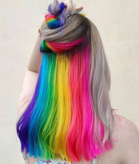 Rainbow Underneath Hair Blonde, Rainbow Hair Underneath, Rainbow Underneath Hair, Brown Hair Underneath, Black And Burgundy Hair, Hidden Rainbow Hair, Purple Blonde, Dyed Hairstyles, Weird Haircuts