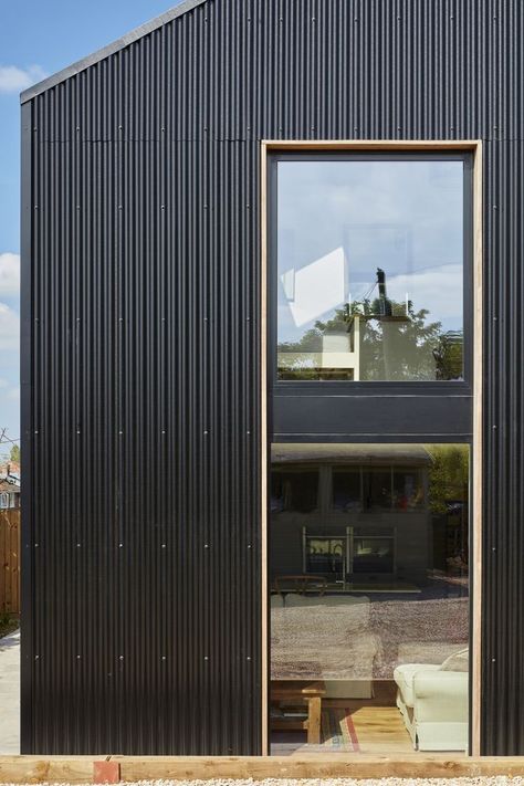 Aluminium Timber Look Cladding, Black Corrugated Cladding, Black Timber Cladding Exterior, Black Cladding House, Coloursteel Cladding, Black Cladding Exterior, Metal Cladding House Exterior, Black Wood Cladding, Corrugated Metal House