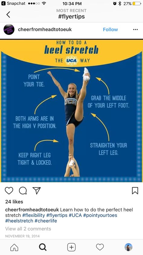 Tips for Flyers during a Heel Stretch! How To Do A Heel Stretch For Cheer, Cheer Flying Tips, How To Get Heel Stretch, Cheerleading Tips Flyers, Heel Stretch Stretches Cheerleading, How To Get A Heel Stretch Fast, Stretches For Heel Stretch Cheer Flyers, Heal Stretch Stretches Cheer, Cheer Tips For Flyers