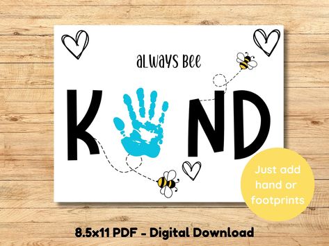 "Bee Kind" Kindness Handprint Craft Printable Activity for kids. Celebrate kindness and add this fun art project in while teaching kids about being kind, because kindness matters! Download, print (cardstock works best) and add handprints for a fun activity. Works best for smaller hands like baby, toddler, preschool or kindergarten.  This is a DIGITAL download, no physical item will be sent.  You will receive an 11x8.5 PDF Kindness Craft, Indie Gifts, Pre K Activities, Handprint Craft, Cool Art Projects, Printable Activities For Kids, Kindness Matters, Being Kind, Bee Kind