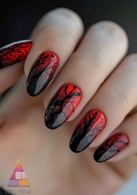 Splatter Nail Art, Silhouette Nails, Freestyle Nails, Splatter Nails, Tree Nail Art, Wood Nails, Tree Nails, Gothic Nails, Different Nail Designs