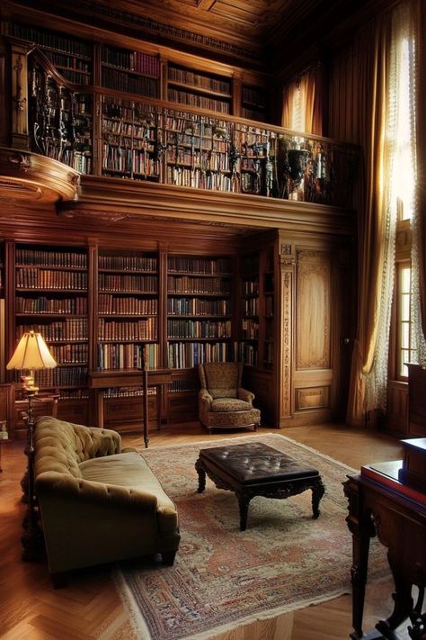 Create a Timeless Retreat with Classic Home Libraries 📚✨ Design a cozy and elegant home library with classic decor. Use rich wood, vintage furniture, and plenty of books for a sophisticated reading nook. 🌿🕰️ #HomeLibrary #HomeDecor #ClassicStyle #ReadingNook Home Library Academia, Belles Library Aesthetic, Furniture For Home Library, Classic Library Room, Vintage Library Office, Library Room In House, Vintage Library Decor Ideas, House With Library Floor Plans, Dream Home Library Aesthetic