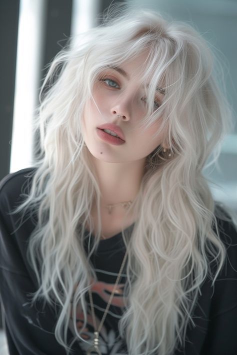 Shaggy Mullet, Long White Hair, Weft Hair Extensions, Platinum Hair, Platinum Blonde Hair, Mullet Hairstyle, Long Wavy Hair, Hair Reference, How To Draw Hair