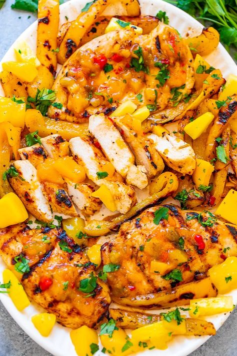 Tropical Grilled Mango Pineapple Chicken Recipe - Averie Cooks Mango Chicken Recipes, Pineapple Chicken Recipe, Grilled Mango, Grilled Pineapple Chicken, Pineapple Chicken Recipes, Summer Chicken Recipes, Grilled Chicken Marinade, Grilled Chicken Tenders, Summer Chicken