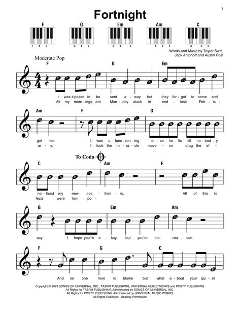 Fortnight (feat. Post Malone) by Taylor Swift Sheet Music for Super Easy Piano at Sheet Music Direct Taylor Swift Music Sheet, Taylor Swift Piano Letters, Taylor Swift Piano Sheet Music Easy, Taylor Swift Piano Sheet Music, Taylor Swift Piano, Pop Piano Sheet Music, Piano Sheet Music Easy, Piano Music With Letters, Popular Piano Sheet Music