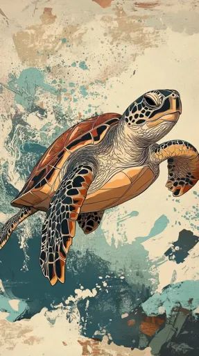 ↑↑↑ Larger size on website 🔸 The image depicts a sea turtle swimming through the water, captured in a stylized, abstract art styl Sea Turtle Images, Turtle Image, Sea Turtle Swimming, Turtle Swimming, Turtle Art, Whimsical Fashion, Black And Orange, Image Generator, A Sea