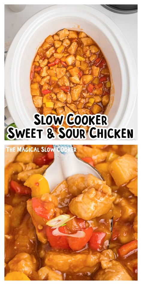 Skip the Chinese restaurants and make your own popular dish with this Slow Cooker Sweet and Sour Chicken recipe. Cubed chicken breasts, pineapple chunks, and colored bell peppers are slowly cooked in a sweet and sour sauce made from scratch. This is sure to become one of your favorite recipes. - The Magical Slow Cooker Sweet And Sour Chicken In Crockpot, Crock Pot Sweet And Sour Chicken, Slow Cooker Sweet And Sour Chicken, Sweet And Sour Chicken Crockpot, Crockpot Sweet And Sour Chicken, Sesame Chicken Crockpot, Sweet And Sour Chicken Recipe, Sour Chicken Recipe, Cubed Chicken