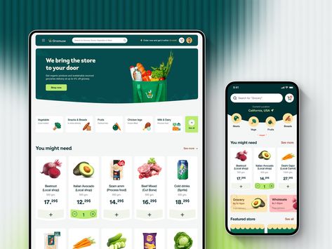 Grocery Shopping & Delivery E-commerce Web Application Design designed by Musemind UI/UX Agency. Connect with them on Dribbble; the global community for designers and creative professionals. E Commerce Web Design, Marketplace Design, Grocery Shopping App, Web Application Design, App Home Screen, Web Design Ideas, Application Design, Money Hacks, Shopping App