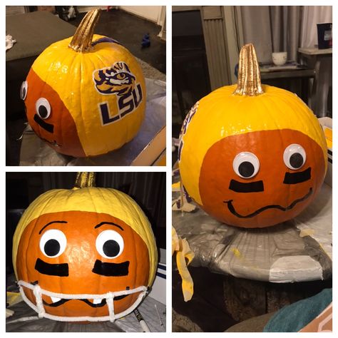 Football Halloween Decorations, Football Pumpkins Painted, Tiger Pumpkin Carving, Football Pumpkin Carving, Hockey Pumpkin, Tiger Pumpkin, Halloween Bff, Football Pumpkin, Book Pumpkin