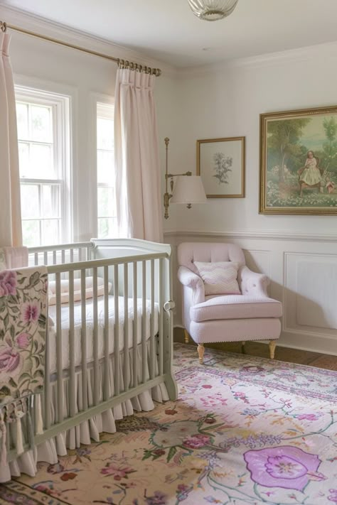 timeless girl nursery Simple Girls Nursery, Ralph Lauren Nursery Girl, Grandmillennial Nursery, Classic Pink Nursery, Lilac Baby Room, French Provincial Nursery Girl, Parisian Nursery Girl, Baby Girl Nursery Grand Millenial, Vintage French Nursery Girl