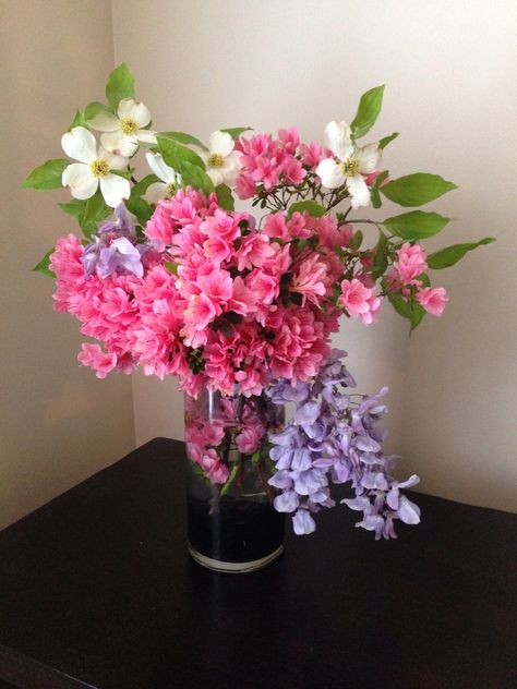 Backyard bouquet with azalea, wisteria, and dogwood Azalea Wedding Bouquet, Azalea Flower Bouquet, Azaleas Bouquet, Azalea Arrangement, Azealia Flower, Azalea Bouquet, Wisteria Bouquet, Homemade Flower Food, Masters Party