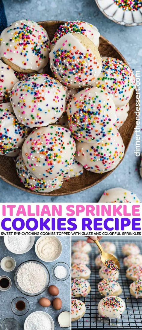 Italian Sprinkle Cookies are made with a soft, sweet, melt-in-your-mouth cookie base, and topped with a simple glaze, and bright sprinkles. Italian Sprinkle Cookies, Sprinkle Cookies Christmas, Sprinkle Cookies Recipe, Italian Wedding Cookies, Tree Nut Allergy, Mexican Wedding Cookies, Cookie Base, Sprinkle Cookies, Delicious Cookie Recipes