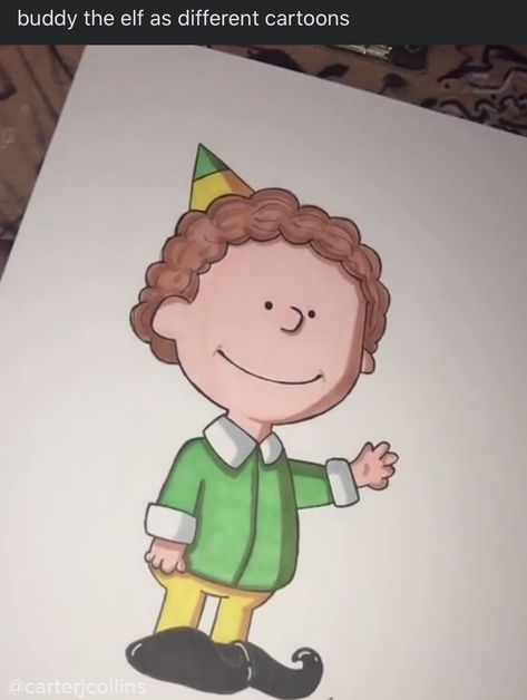 @carterjcollins Buddy The Elf Drawing, Buddy The Elf Cartoon, Buddy The Elf Painting, Cute Christmas Elf Drawing, Elf Drawing Christmas, Elf Drawings Christmas, Easy Elf Drawing, Cartoon Christmas Drawings, Christmas Elf Drawing