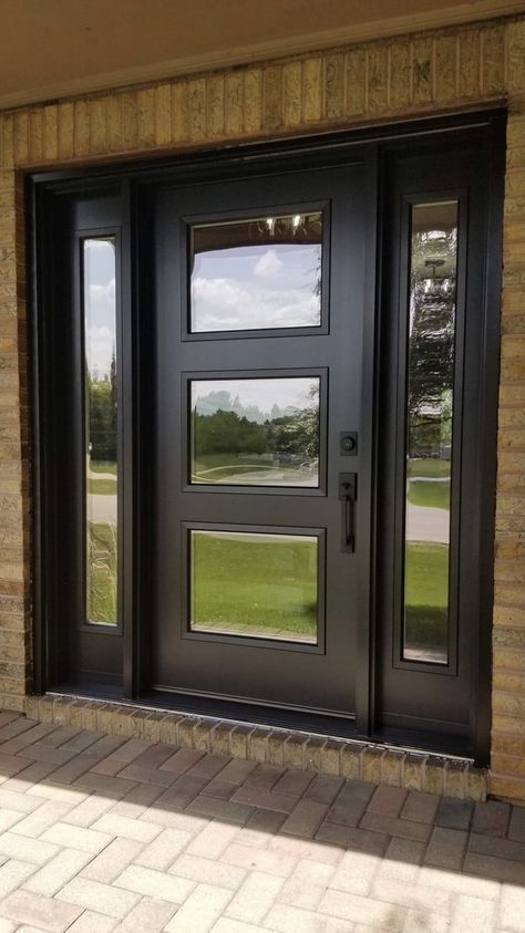 Front Door Ideas With Glass Panels, Steel Front Door Entrance Modern, Entryway Doors Exterior, Wide Front Door, Full Glass Front Door, Fiberglass Double Entry Doors, Black Exterior Doors, Unique Front Doors, Exterior Entry Doors