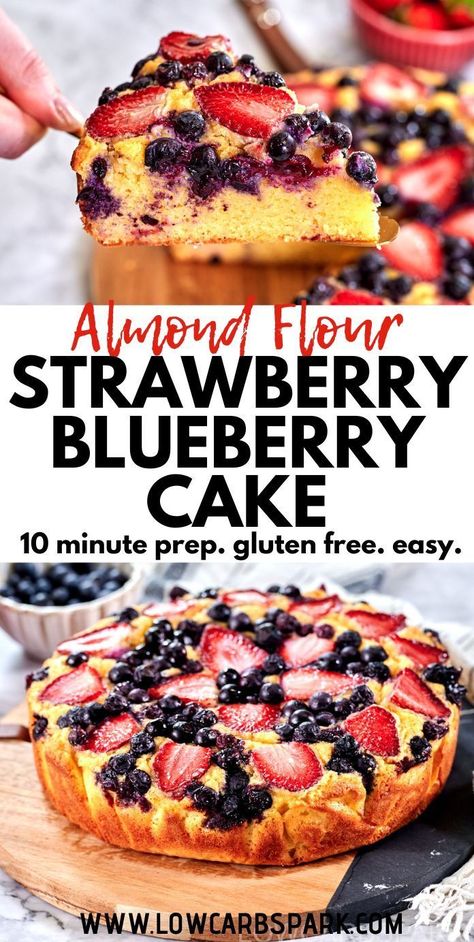 Try this simple and sweet Strawberry Blueberry Cake! It's made with almond flour, so it's perfect if you're avoiding gluten. The cake has a light lemon flavor and is topped with fresh strawberries and blueberries. Plus, the frosting is super easy to make from things you probably already have at home. It's the perfect cake for any summer party! Almond Flour Lemon Cake, Strawberry Blueberry Cake, Almond Flour Blueberry, Blueberry Cake Recipe, Almond Flour Cakes, Blueberry Cake Recipes, Low Carb Cake, Sugar Free Cake, Blueberry Lemon Cake