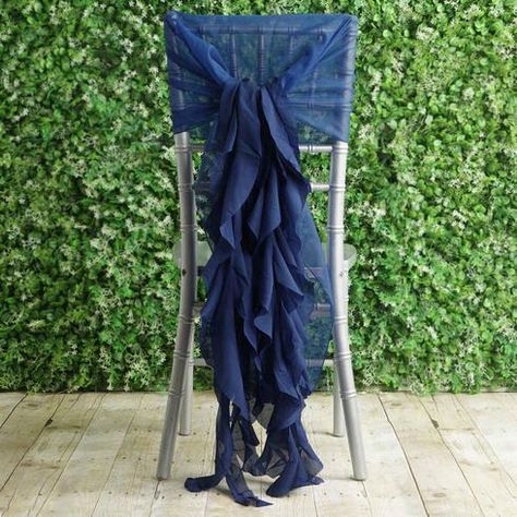 1 Set Navy Blue Premium Designer Curly Willow Chiffon Chair Sashes | eFavorMart Wedding Chair Sashes, Blue Wedding Decorations, Curly Willow, Banquet Decorations, Color Celeste, Royal Blue Wedding, Chair Sashes, Navy Blue Wedding, Wedding Sash