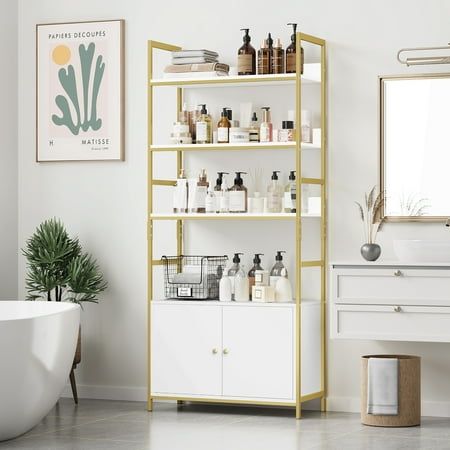 Homfa Create a Comfortable Life The bathroom cabinet with door is specially designed for smaller bathrooms. The 4-layer shelf of the bathroom shelf provides ample storage space, and the smaller size of 11.8 inches wide does not occupy valuable floor area, providing convenient storage for toiletries, towels and other items. White gold bathroom shelf is the perfect solution for adding storage space and can adapt to any bathroom style. The bathroom organizer is made of high-quality wood with a gold Spa Room Organization Ideas, Gold Bathroom Shelves, White And Gold Bathroom Ideas, Wax Suite, White Gold Bathroom, Ikea Wall Storage, Spa Storage, Shelves With Storage, Bathroom Shelf Cabinet