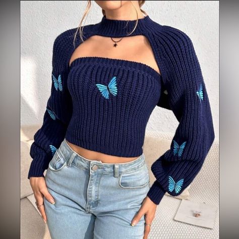 Crop Shrug, Women Clothing, Knit Top, Butterflies, Collar, Wall, Blue