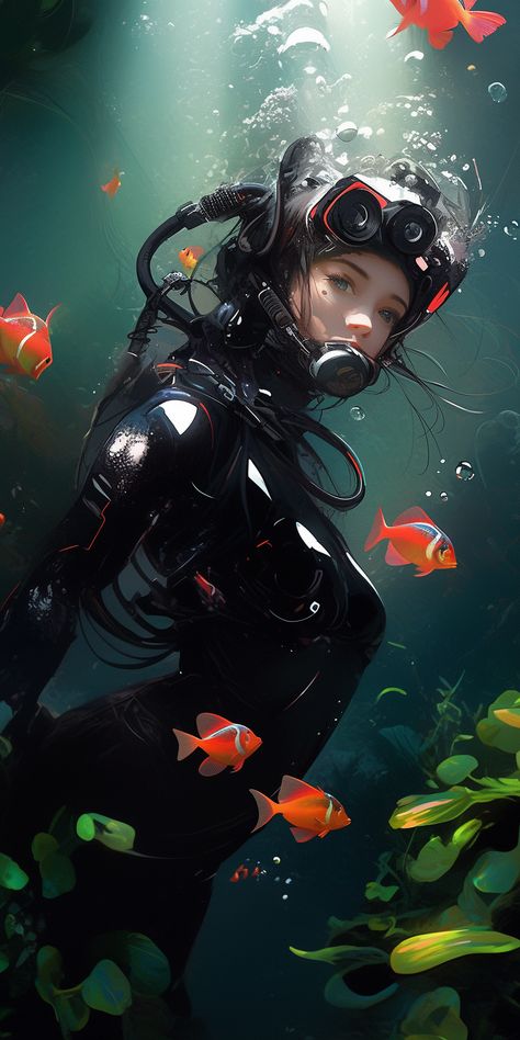 Character Underwater, Diver Aesthetic, Scuba Diver Art, Underwater Diver, Female Samurai Art, Female Diver, Aqua Man, Net Bed, Diver Art