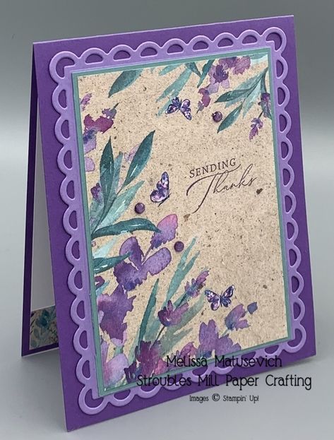 The scalloped frame adds just the right touch to this card. Su Perennial Lavender 2024, Su Perennial Lavender Cards, Stampin Up Painted Lavender Bundle, Perrenial Lavender Stampinup, Painted Lavendar Su Cards, Stampin Up Perennial Lavender Dsp, Stampinup Painted Lavender, Lovely Lavender Stampin Up Cards, Perennial Lavender Dsp Stampin Up Cards