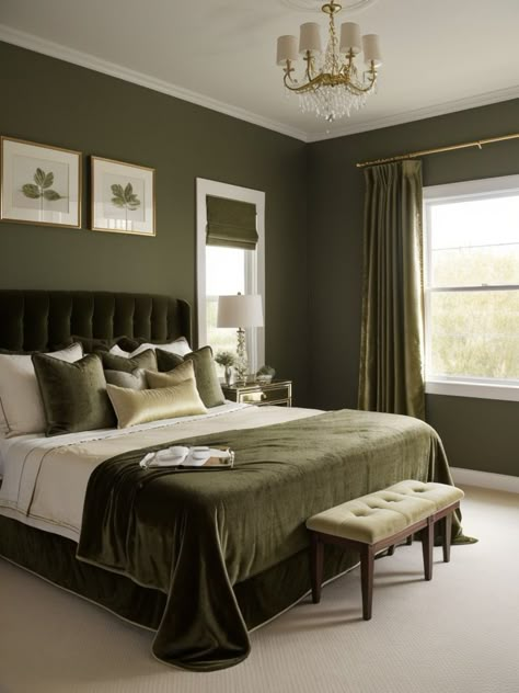 Create a stunning focal point in your bedroom by painting one wall a rich olive green. Then, add a touch of elegance with a plush velvet bedspread and golden accents for a sophisticated and cozy atmosphere. Moody Olive Bedroom, Olive White Bedroom, Green Cream Black Bedroom, Green Velvet Bedspread, Sophisticated Bedrooms Master, Olive Green Aesthetic Bedroom, Olive Bedroom Decor, Olive Green Guest Bedroom, Monochrome Green Bedroom