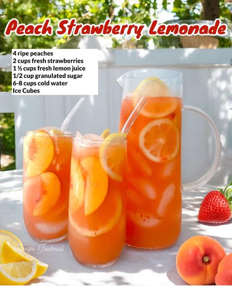 Peach Strawberry Lemonade, Alc Drinks, Strawberry Lemonade Recipe, Fun Drink Recipe, Peach Strawberry, Tea Drink Recipes, Recipe Journal, Drink Recipes Nonalcoholic, Yummy Alcoholic Drinks