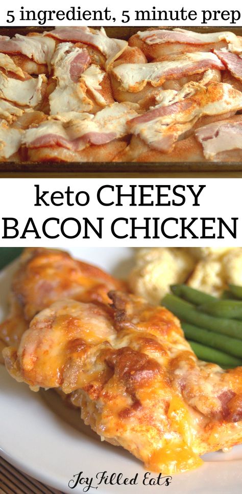 Keto Cheesy Bacon Chicken - Five Ingredients & Five Minute Prep Time - This is your new weeknight dinner. Low Carb, Grain Free, Gluten Free, Sugar-Free, THM S - #lowcarb #glutenfree #grainfree #keto #chicken #bacon #thm #trimhealthymama #dinner #easyrecipes #5ingredients Chicken And Bacon Recipes, Keto Chicken Bacon, Dinner Low Carb, Cheesy Bacon Chicken, Chicken Bacon Recipes, Bacon Wrapped Chicken Breast, Low Carb Grain, Low Carb Low Fat Recipes, Bacon Chicken