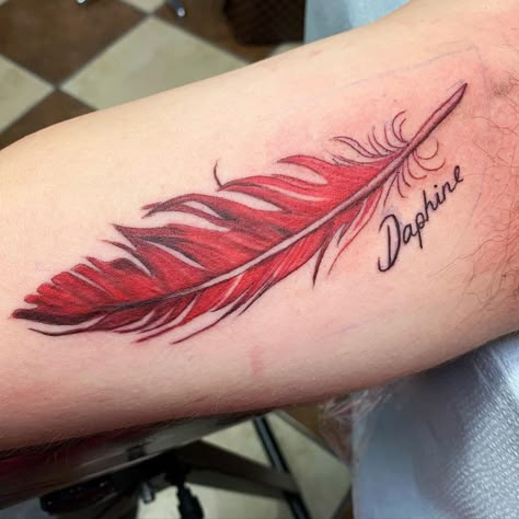 Red Cardinal Feather Tattoo, Red Bird Feather Tattoo, Cardinal Feather Tattoo Memorial, Cardinal Tattoo Men, Cardinal Feathers, Red Feather Tattoo, Cardinal Feather Tattoo, Cardinal Feather, Feather Tattoo For Men