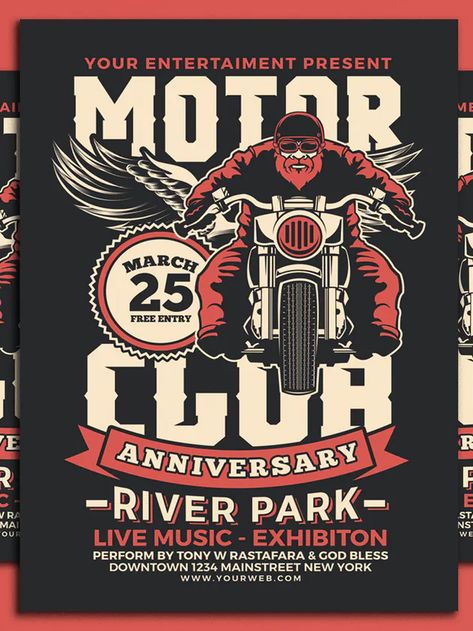 Motorcycle Club Event Flyer Template PSD Christmas Party Flyer, Motorcycle Events, Motorcycle Club, Club Flyers, River Park, Event Flyer Templates, Vintage Invitations, New Gods, Motorcycle Clubs