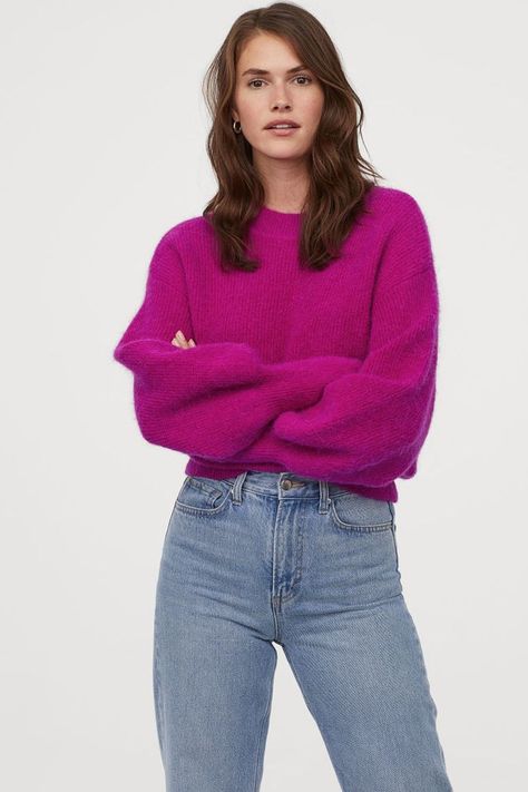 H&M Fine-Knit Alpaca-Blend Sweater Magenta Sweater, Hm Sweater, Chic Cardigan, Boxy Sweater, Knit Alpaca, Model Look, Long Balloons, Printed Sweater, Fast Fashion