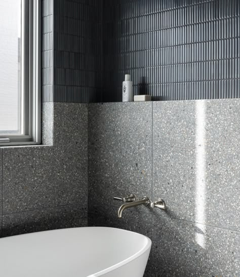 Dark Bathroom Tile, Black Terrazzo Bathroom, Dark Terrazzo, Terrazzo Bathroom, Toilet Tiles, Terrazzo Design, Terrazzo Tile, Bathroom Design Inspiration, The Local Project