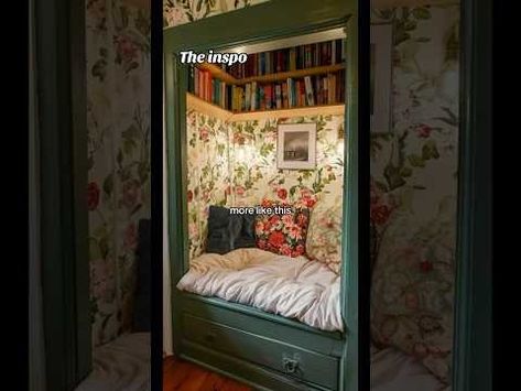 Book Nook Apartment, Bed In Nook, Closet Reading Nook For Adults, Book Nook Bedroom, Closet Nook Ideas, Closet Book Nook, Reading Closet, Cozy Reading Aesthetic, Closet Reading Nook