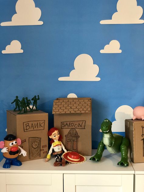 Toy Story Backdrop Photoshoot, Andy’s Bedroom Toy Story, Toy Story Cardboard Town, Modern Toy Story Room, Andy’s Room, Toy Story Welcome Sign, Neutral Toy Story Room, Toy Story Party Backdrop, Andy’s Room Toy Story