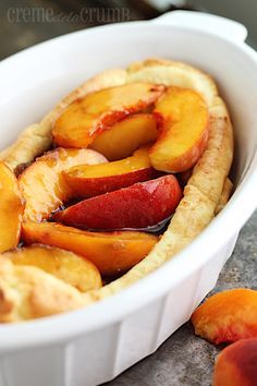 Peaches Cream Puff Pancakes Puff Pancakes, Peach Pancakes, Baby Recipe, Dutch Baby Recipe, Puff Pancake, Pancake Recipes, Dutch Baby, Peach Recipe, What's For Breakfast