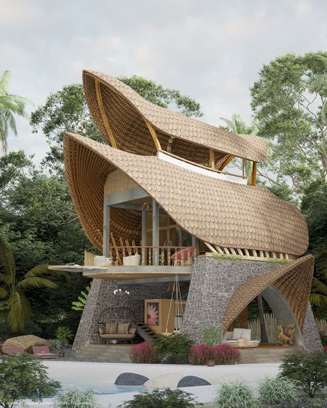 This rock and bamboo beach cabin gives us some serious glamping goals – Yanko Design Rock House Design, Bamboo Villa, Plaster House, Thai Architecture, Bamboo Roof, Architecture Styles, Bamboo Building, Open Living Space, Bamboo House Design