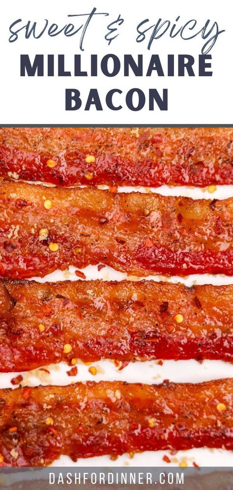 This Million Dollar Bacon recipe is one of the most popular candied bacon recipes! Made with a sweet and spicy that features brown sugar, crushed red pepper flakes, black pepper, and cayenne, these crispy bacon slices stand on their own as an appetizer or snack, but make a flavorful addition to burgers, sandwiches, and more! Great for football parties, holidays, brunch, etc. Candied Bacon Desserts, Million Dollar Bacon Recipe, Unique Bacon Recipes, Millionaire Bacon, Praline Bacon, Bacon Appetizers Easy, Million Dollar Bacon, Bacon On A Stick, Turkey Bacon Recipes